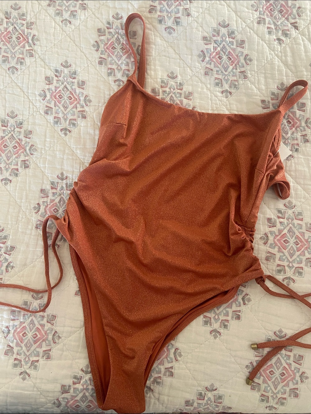 Vitamin A Gemma Ruched Terracotta Shimmery One-Piece Swimsuit with Side Ties Med